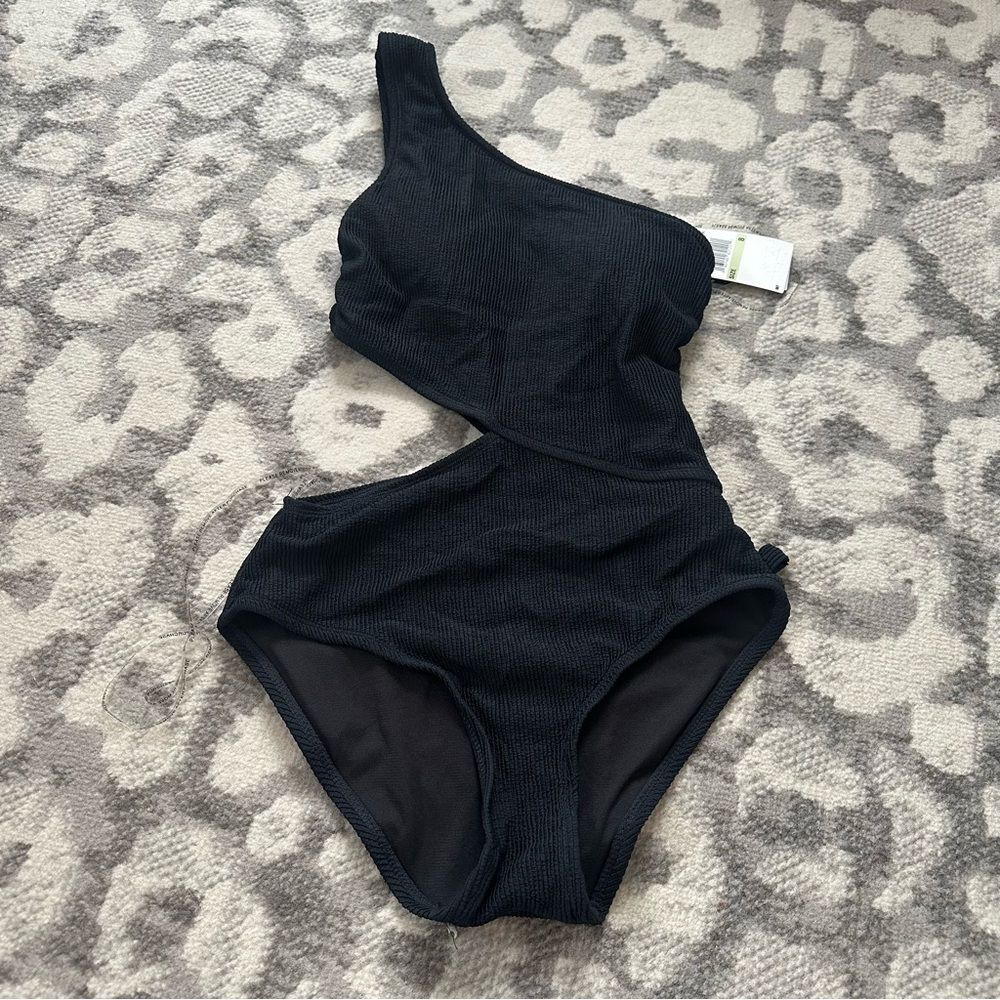 NWT Michael Kors Size 8 Ribbed One Shoulder Cutout One Piece Swimsuit Black